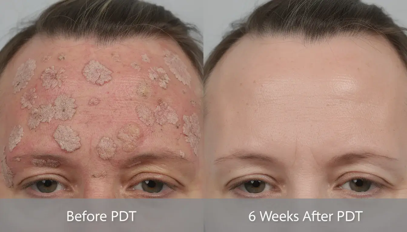 The image shows a side-by-side comparison of a person's forehead, highlighting rough scaly patches due to actinic keratosis before photodynamic therapy (PDT) on the left, and the same area six weeks after treatment, displaying significantly smoother and clearer skin texture. This visual representation illustrates the improvement in skin condition following light therapy aimed at treating precancerous lesions.